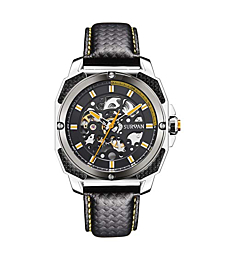 SURVAN WatchDesigner Racing Design Men's Automatic Mechanical Skeleton Watch Genuine Leather Strap (Yellow)