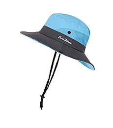 ROYAL MATRIX Women's Outdoor UV Protection Sun Hat Foldable Fishing Hats Mesh Wide Brim Beach Cap with Ponytail Hole (Blue, One Size)