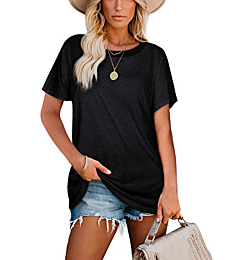 Womens Black T Shirts Crewneck Summer Tops Loose Casual T-Shirts Short Sleeve Tees M