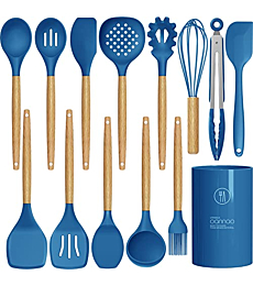 14 Pcs Silicone Cooking Utensils Kitchen Utensil Set - 446°F Heat Resistant,Turner Tongs,Spatula,Spoon,Brush,Whisk, Wooden Handles Blue Kitchen Gadgets Tools Set for Nonstick Cookware (BPA Free)