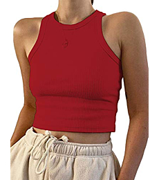 Meladyan Women's Round Neck Basic Racerback Camisole Rib-Knit Solid Sleeveless Crop Tank Tops Red