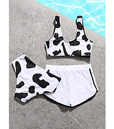 SOLY HUX Girl's 3 Piece Swimsuits Cow Print Tankinis Bathing Suit with Shorts White Black 150