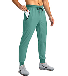 Pudolla Men's Lightweight Jogger Pants Workout Running Tapered Joggers for Men with Zipper Pockets for Athletic Travel Casual(Tea Green Small)