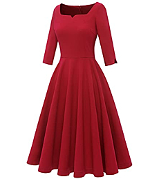 Dressystar Women Tea Length Bridesmaid Dress Aline Vintage Cocktail Party Dress with Pockets Sweetheart Neck 3/4 Sleeve 0088 Red S