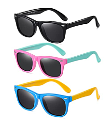 DYLB Kids Polarized Sunglasses for girls boys 3 Pack, Flexible TPEE Rubber Frame for Children Age 3-8. (Black +Pink Green +Blue Yellow)