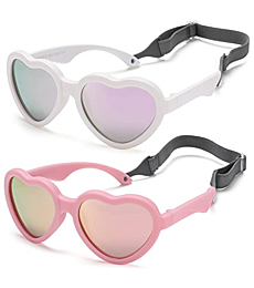 Flexible Heart Shaped Baby Polarized Sunglasses with Strap Adjustable Toddler & Infant Age 0-24 Months (White/Purple Mirrored + Pink/Pink Mirrored) - 2 Pack