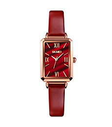 SKMEI Women's Watches for Ladies Female Square Small Slim Light Red Leather Band Waterproof Fashion Casual Simple Quartz Analog Young Girls Gifts Wrist Watch