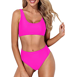 Tempt Me Women Hot Pink Two Piece Scoop Neck Bikini Crop Top High Cut Swimsuit Sporty High Waisted Bathing Suit with Bottoms XS