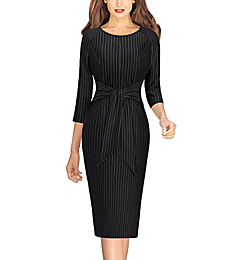 VFSHOW Womens Black and White Striped Front Zipper Tie Waist Bow Slim Work Business Office Party Bodycon Pencil Sheath Dress 7797 BLK XL