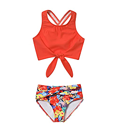 2 Piece Girls Swimsuits Kids Tankini Red Floral Swimsuit 10-12 10 9 11 Bikini