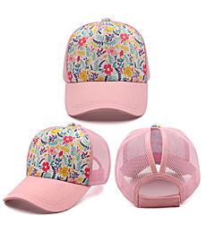 Girls Pony Hat Distressed High Ponytail Messy Bun Baseball Caps Kids Trucker Floral Sun Protection Hats Biking Cap(4-10years)