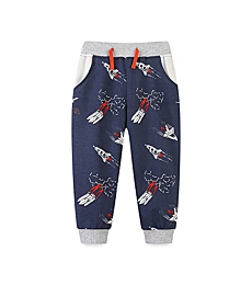 HILEELANG Toddler Boys Joggers Trousers Cartoon Rocket Casual Knit Fleece Elastic Pants Soft Cotton Sweatpants 3T