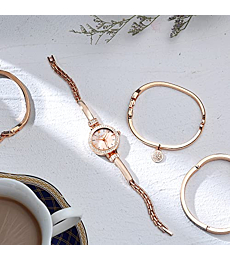 Clastyle Rose Gold Watch and Bracelets Set with 3 Bangles Pink Glitter Rhinestone Dial Women Bracelet Watches Elegant Ladies Wrist Watches Gifts for Her