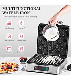 REDMOND Waffle Maker, Nonstick 4 Slice Square Waffle Iron, Compact Classic Stainless Steel Waffle Maker for Family Use Breakfast, 1300W, Silver