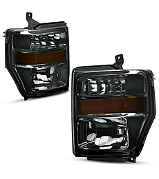 AUTOSAVER88 Headlight Assembly Compatible with 2008-2010 Ford F250 F350 F450 Super Duty Headlamp Chrome Housing Smoke Lens