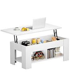 NOBLEWELL Lift Top Coffee Table with Storage Compartment and Separated Open Shelves, Pop Up Coffee Table for Living Room, 39.4in L, White Marble