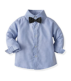 Boys Dress Clothes Set, 2PCS Striped Formal Shirt with Bowtie + Suspender Pants Clothing Set for Boys， Blue + White， 2-3 Years = Tag 110