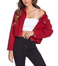 HOTLOOX Women's Denim Jacket Long Sleeve Cropped Oversize Vintage Boyfriend Button Down Loose Jeans Coat S-XXL (A Red, M)