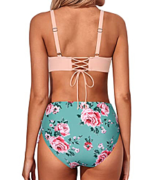 Aqua Eve Women High Waisted Bikini Twist Front Swimsuits Lace up Bikini Tops Ruched Push up 2 Piece Bathing Suits Pink Floral S