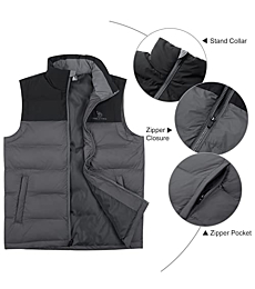 CAMEL CROWN Men's Warm Hiking Vests Lightweight Water-Resistant Quilted Puffer Vest Full-Zip Sleeveless Jackets Stand Collar Outerwear Gray S
