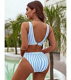 Blooming Jelly Womens Cheeky High Cut Bikini Set Cutout High Waisted Swimsuits Backless 2 Piece Bathing Suits (Medium, Blue & White Striped)