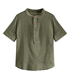 Teurkia Boys Button Up Henley Shirt Short Sleeve Lightweight Linen Cotton Top Army Green