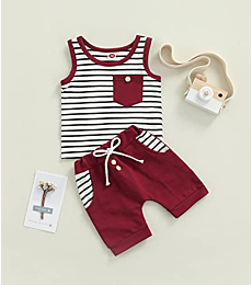 Toddler Baby Boys Clothes Summer Outfit Striped Print Sleeveless Vest Tops Drawstring Shorts Set (Brick Red , 3-6 Months )