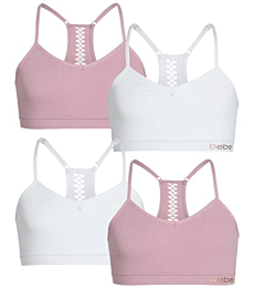 bebe Girls Seamless Racerback Sports Bra with Removable Pads (4 Pack), Size Large, White Out/Light Mauve