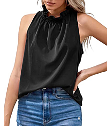 Iandroiy Women's Summer Cute Ruffle Tank Tops Flowy Chiffon Lined Sleeveless Shirts Blouses (Small, Black)