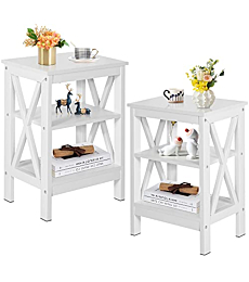 VECELO Modern Side Nightstand with 3-Layer Storage Shelf for Small Spaces, Living Room, Bedroom, Farmhouse Easy Assembly, 2 Sets End Tables, White（2 Sets）