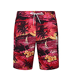 Alimens & Gentle Mens Aloha Hawaiian Shorts Quick Dry Mesh Lining Beach Board Shorts with Pockets Large