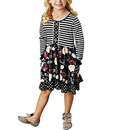 KYMIDY Girls Long Sleeve Striped Dress Kids Floral Casual Dress with Pockets for Girls, Black, 8 Years