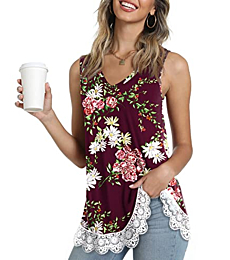 POPYOUNG Women's Summer Sleeveless V-Neck T-Shirt Flowy Tank Top for Leggings Casual Tunic Loose Blouse, Lace Hem L, Floral Wine Red
