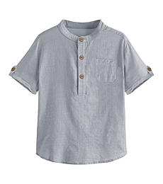 Malliosse Boys Short Sleeve Henley Shirt Button Up Linen Cotton Dress Shirts Tees Tops with One Pocket Grey