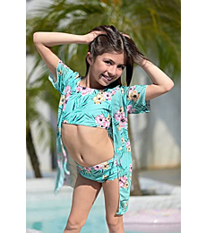 AIDEAONE Girl's 3 Piece Floral Print Swimsuit Green Bikini Bathing Suit with Kimono Coverup Size 7-8