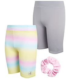 Body Glove Girls' Active Shorts - 2 Pack Performance Bike Shorts with Scrunchie, Size 12, Rainbow Tie-dye/Grey
