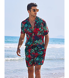 COOFANDY Men's 2 Piece Flower Short Sets Hawaii Beach Button up Vacation Outfits