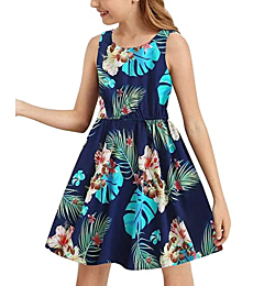 KYMIDY Girls Floral Print Hawaiian Dress with Pockets Summer Casual Sleeveless Midi Dresses, Navy Blue, 6 Years