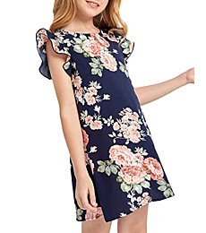 KYMIDY Girls Ruffle Sleeve Floral Print A-Line Dress Summer Crewneck Mini Dress, Navy, 10 Years