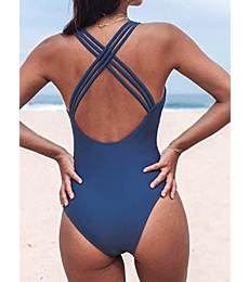 CUPSHE Women One Piece Swimsuit V Neck Hipster CrossCriss Back Bathing Suit Fixed Straps, XL Blue