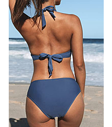 CUPSHE Women's Bikini Swimsuit Blue Halter Triangle V Neck Low Rise Two Piece Bathing Suit, XS