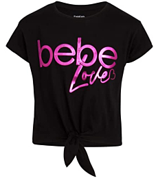 bebe Girls' Shorts Set - 2 Piece Short Sleeve Performance T-Shirt and Shorts (Size: 4-12), Size 7/8, Black/Love