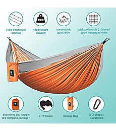 Hammock Camping, Portable Single Hammocks for Outdoor Hiking Travel Backpacking - 210D Nylon Hammock Swing for Backyard & Garden 55''W108''L (Orange/Gray)