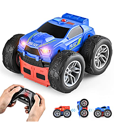 BEZGAR TD201 Remote Control Car - Police Car & Fire Truck 2 in 1 Double Sided RC Stunt Car with Bright Lights, 360 Flip Spinning Rechargeable Radio Controlled Car Electric Toy Car Gifts for Boys Kids