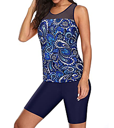 Yonique Women's Two Piece Swimsuits with Shorts Modest Tankini Bathing Suits Racerback Swim Tops Capris Athletic Swimwear Blue Paisley M