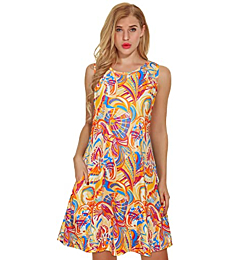Summer Dresses for Women Beach Floral Tshirt Sundress Sleeveless Pockets Casual Loose Tank Dress(Yellow Boho,L)