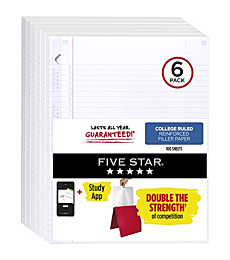 Five Star Loose Leaf Paper + Study App, 6 Pack, 3 Hole Punched, Reinforced Filler Paper, College Ruled Paper, 11" x 8-1/2", 100 Sheets/Pack (170012)