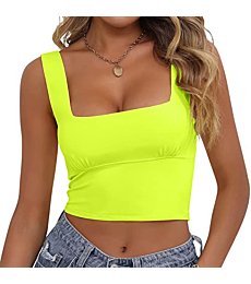 V FOR CITY Women Sleeveless Square Neck Cropped Tank Tops Double Layeres Basic Crop Top Neon Green