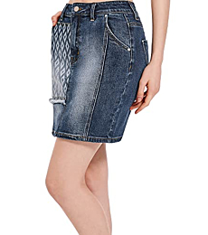 Women's Short Jean Skirts, Perfect Stretch Shape Diamond Print High Waist Mini Denim Skirt Cute Jean Skirts with Pocket Dark Blue