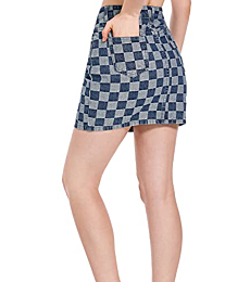 Women's Short Jean Skirts, Mini Skirt High Waist Skinny Checkerboard Plaid Denim Skirt Cute Jean Skirts with Pocket